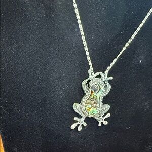 Silver Frog Pendant Necklace with Abalone Inlay